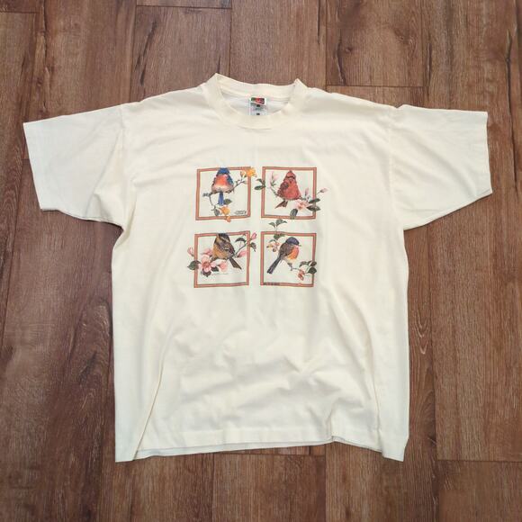 VTG Bird Carolyn Shores Wright Adult XL Shirt Cherry Blossom Cottage Nature Tree